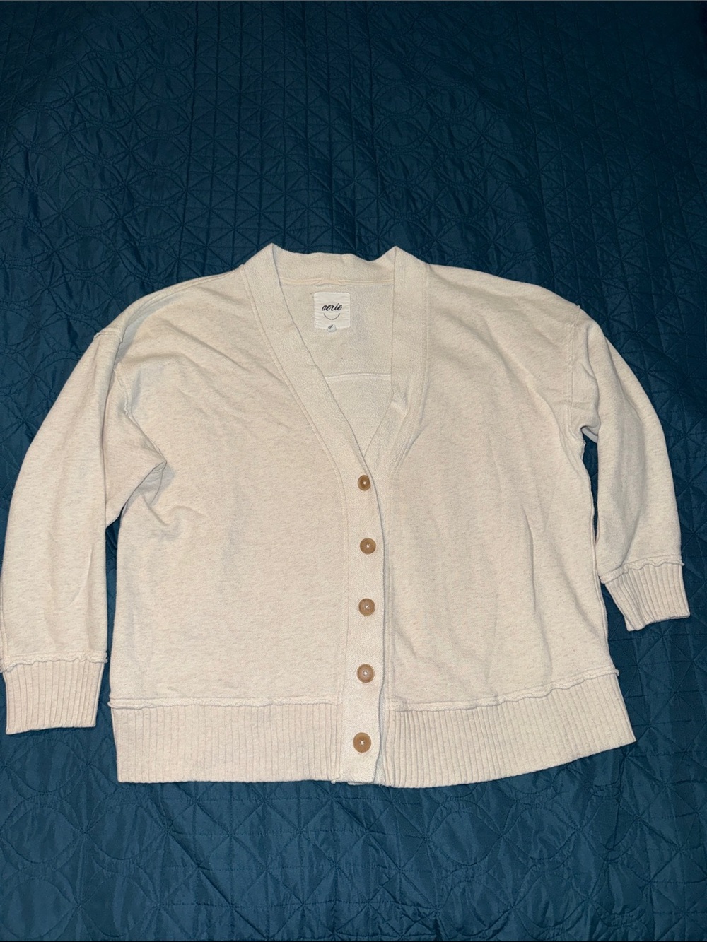 aerie Cream Button-Up V-Neck Sweatshirt Cardigan